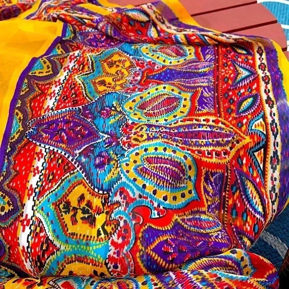 Source Unknown hand rolled bright yellow  scarf w colourful border 100” by 54”. - Picture 4 of 6